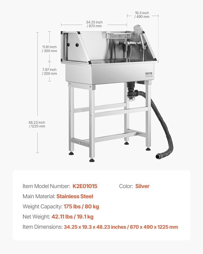 VEVOR Professional Dog Washing Station, 34 Inch Stainless Steel Pet Grooming Tub - Image 7