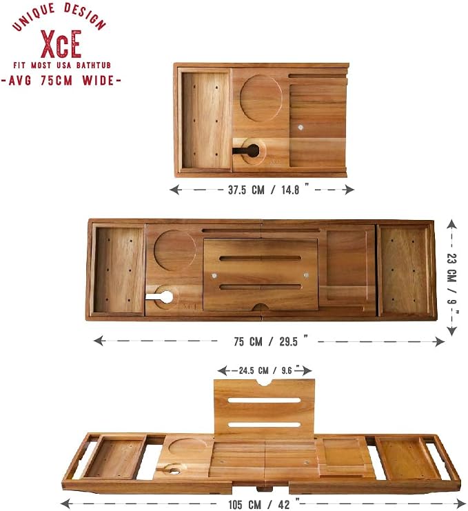 XcE Foldable Acacia Wood Bathtub Caddy Tray - Image 2