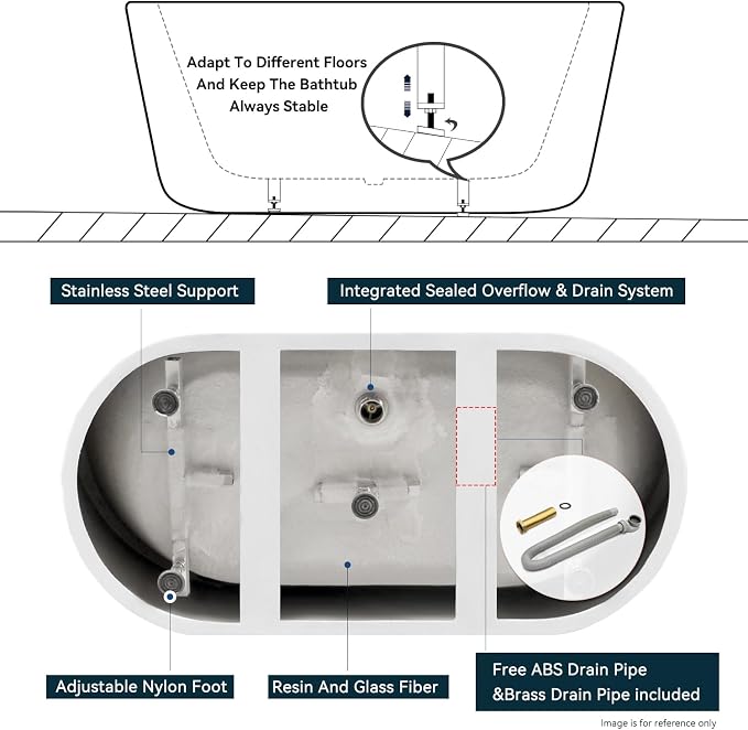 FerdY Bali 55" Freestanding Bathtub, Glossy White Freestanding soaking tub - Image 6