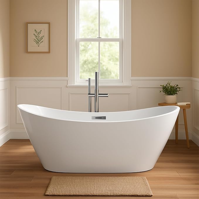 67 in Acrylic Freestanding Bathtub, Contemporary Stand Alone Tub, Glossy White by GarveeTech