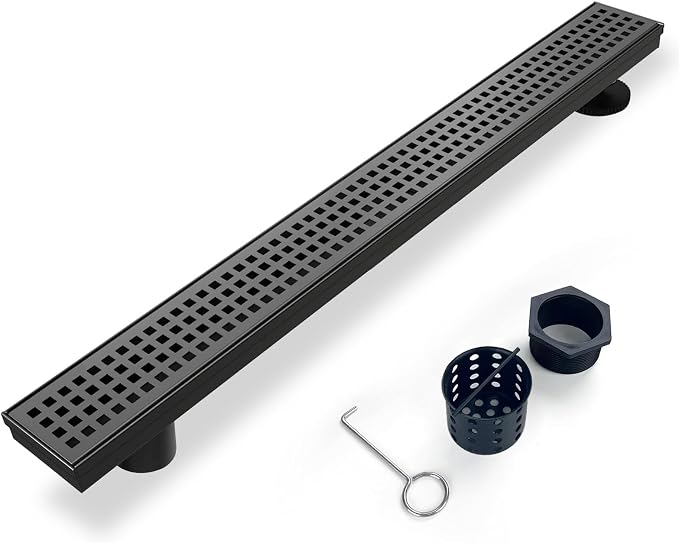Offset Linear Shower Drain, Matte Black Shower Drain 32 inch by Elefloom