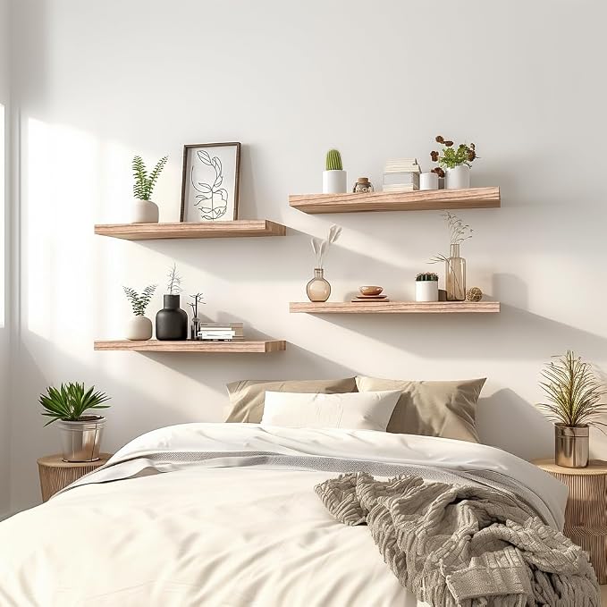 Light Wood Floating Shelves for Wall Rustic Wall Shelves for Bedroom Set of 6 - Image 2