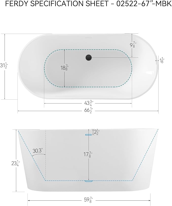 FerdY Shangri-La 67" Acrylic Freestanding Bathtub, Classic Oval Shape Acrylic - Image 7