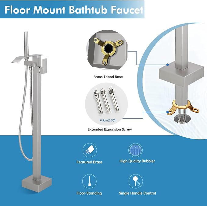 RUMOSE Tub Filler Freestanding Bathtub Faucet Brushed Nickel Floor Mount Tub - Image 8