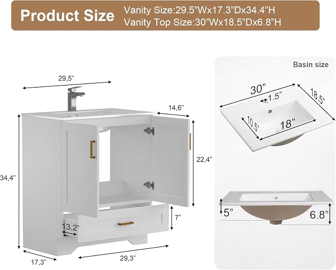 30 inch Bathroom Vanity with Sink, Modern White Vanity - Image 2