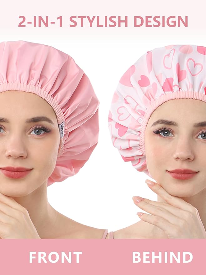 Years Calm Shower Caps For Women Reusable Waterproof，Pattern And Solid Color - Image 2