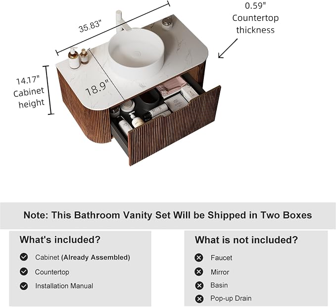 36" Floating Bathroom Vanity Without Sink, Marble Top, Solid Wood Surface and - Image 3