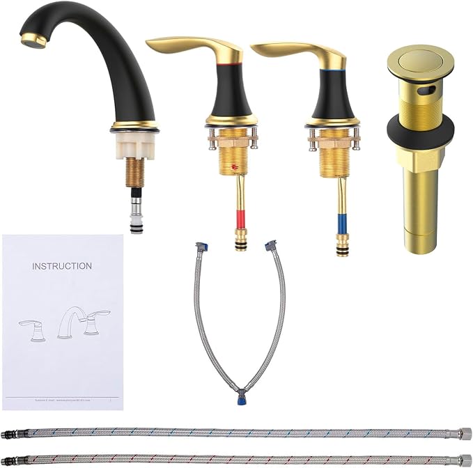 Bathroom Sink Faucet, Faucet for Bathroom Sink, Widespread Black and Gold - Image 7