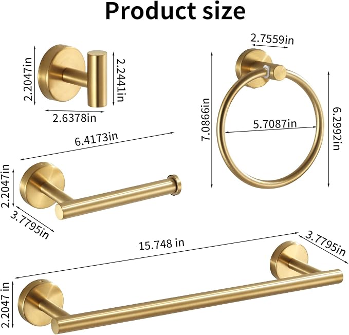 Bathroom Hardware Set Brushed Gold, Toilet Paper Holders, Towel Rings and 4pcs - Image 4