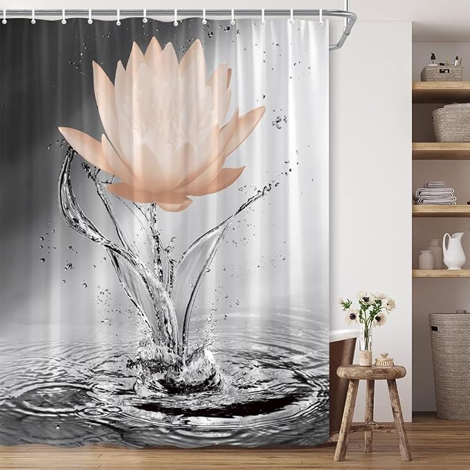 Lotus Shower Curtain Black White Grey Orange Flower Elegant Blooming Floral by showercurtain