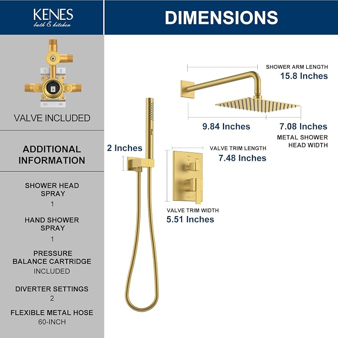 KENES Brushed Gold Rainfall Bathroom Shower System Rain Shower Head and Handle - Image 6