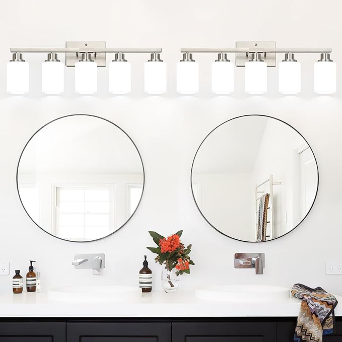 5-Light Vanity Light with Milky White Shades, Brushed Nickle Bathroom Lighting - Image 4