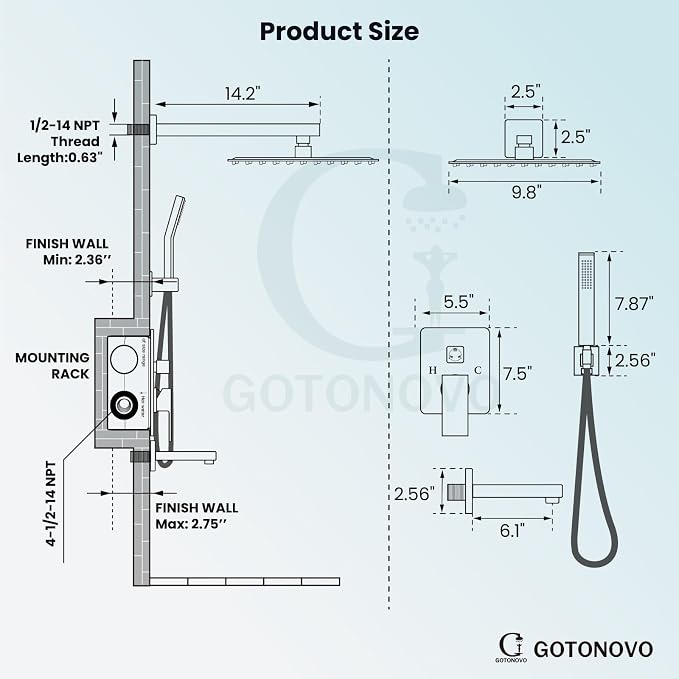 gotonovo Shower System with Tub Spout Wall Mounted Rain Shower Head and Handle - Image 4