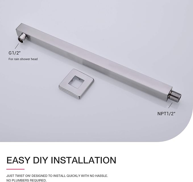 Square Shower Arm with Flange Heavy Duty Stainless Steel Rainfall Shower Head - Image 5