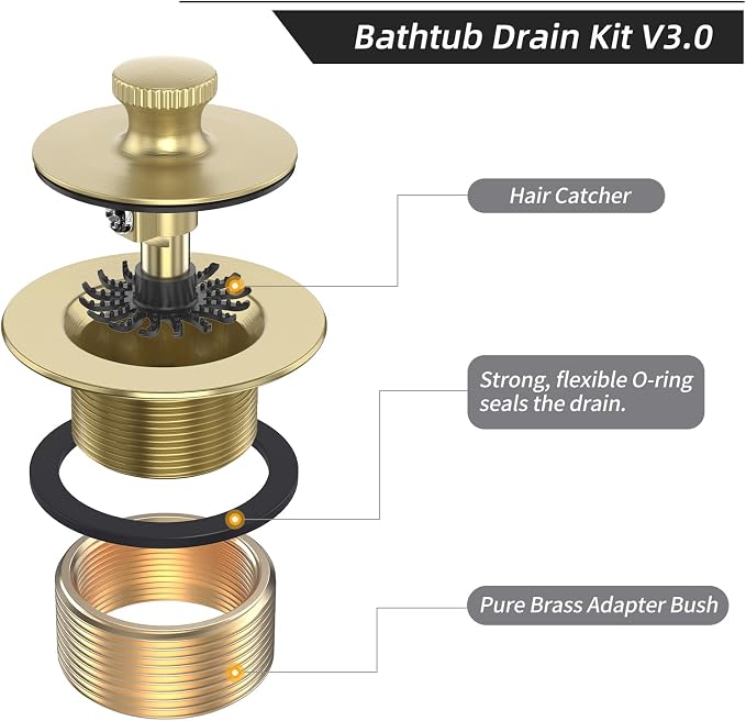 Brushed Gold Bathtub Drain Bath Tub Trim Set Conversion Kit Assembly, All Brass - Image 2