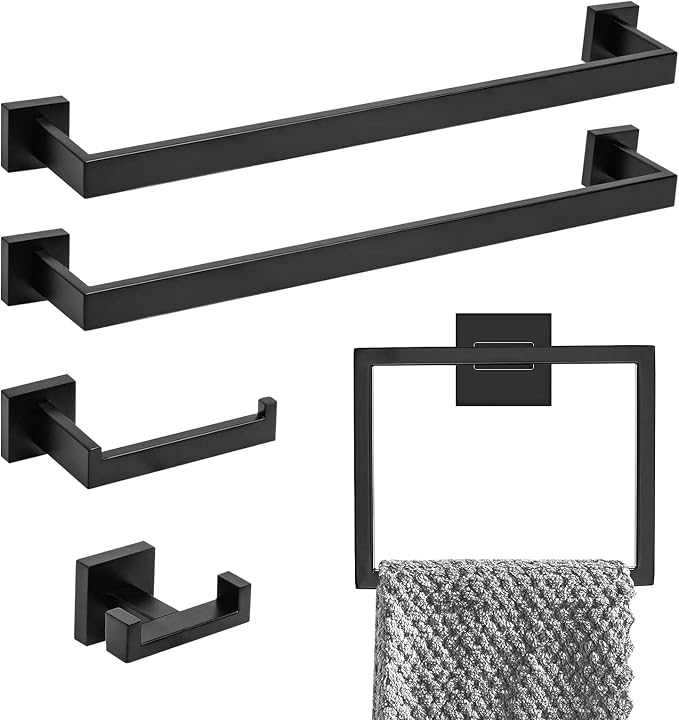 5-Piece Bathroom Hardware Set Matte Black, Lava Odoro Towel Bar Set Stainless by LavaOdoro