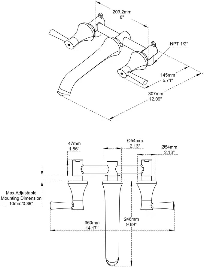 Wall Mount Tub Filler Brass Tub Faucet Oil Rubbed Bronze Bathroom Bathtub - Image 2