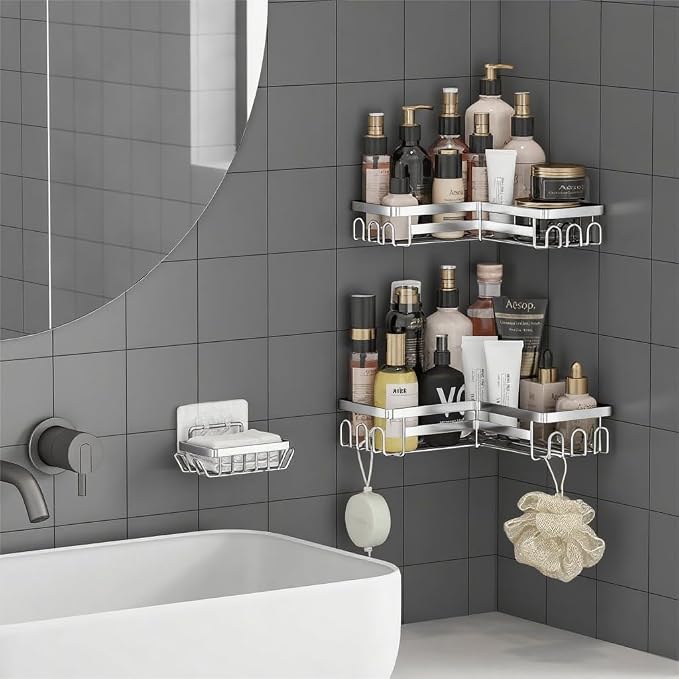 3 Pack Adhesive Corner Shower Caddy Shelf Organizer Rack, No Drilling Stainless - Image 6