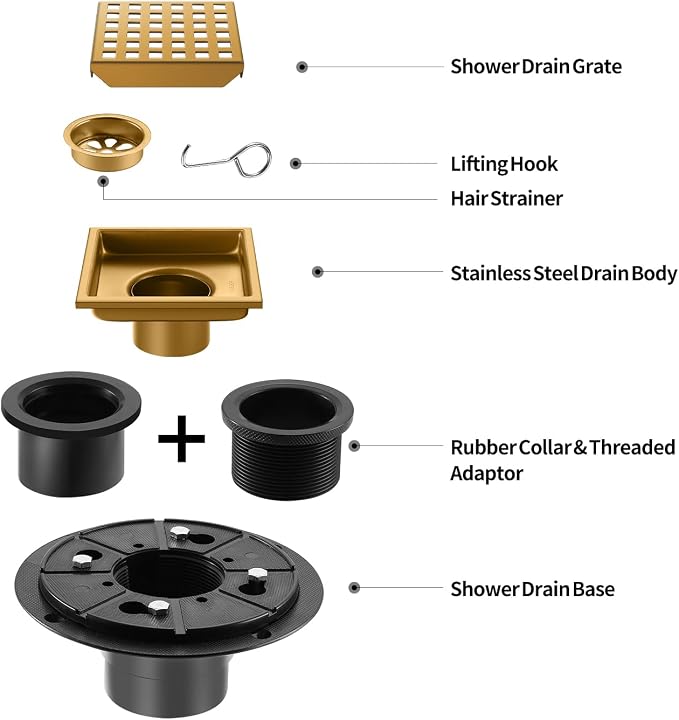 Shower Drain, Brushed Gold 4 inch Shower Floor Square Drain - Image 2