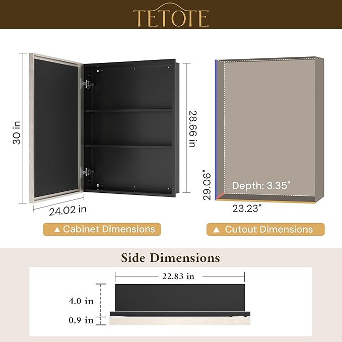 TETOTE Brushed Nickel Medicine Cabinet 24" x 30" Bathroom Mirror - Image 2