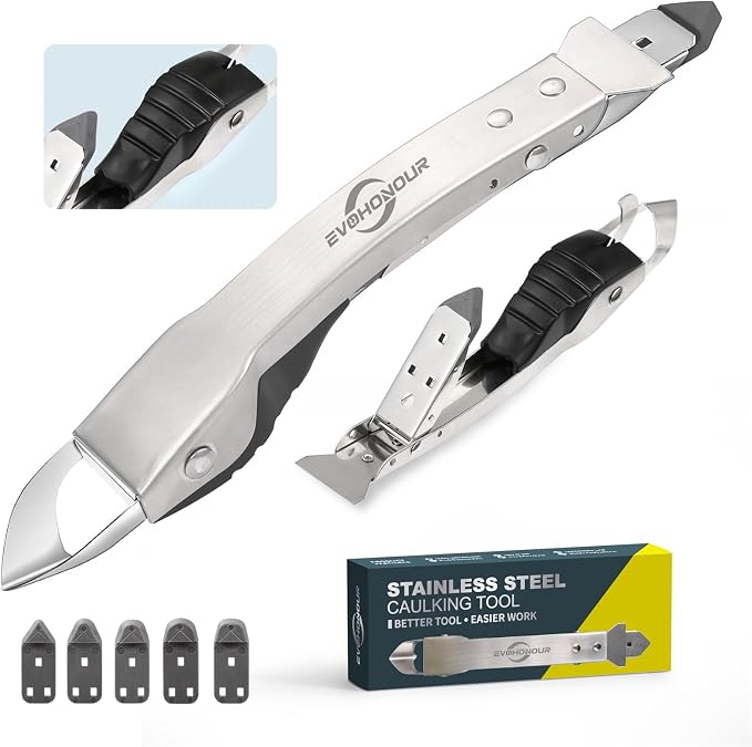 Silicone Caulking Tool Kit, Stainless Steel Caulk Remover Tool, 4 in 1 Grout by EVOHONOUR