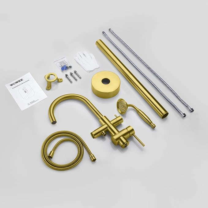 Tub Filler Freestanding Bathtub Faucet Brushed Gold Floor Mounted Brass - Image 7