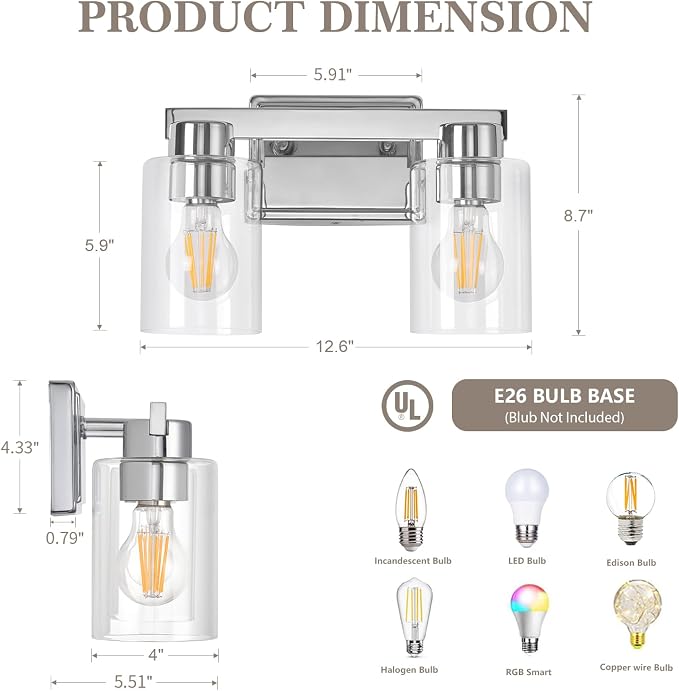 2-Light Bathroom Light Fixtures Modern Chrome Vanity Lights - Image 2