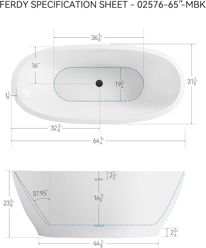 FerdY Koh Samui 65" Freestanding Bathtub, Elegant Oval Shape, Double Walled - Image 7