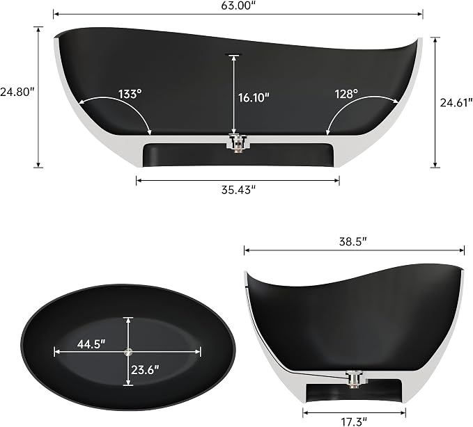 63" Premium Solid Surface Freestanding Bathtub, Contemporary Design Stand Alone - Image 4