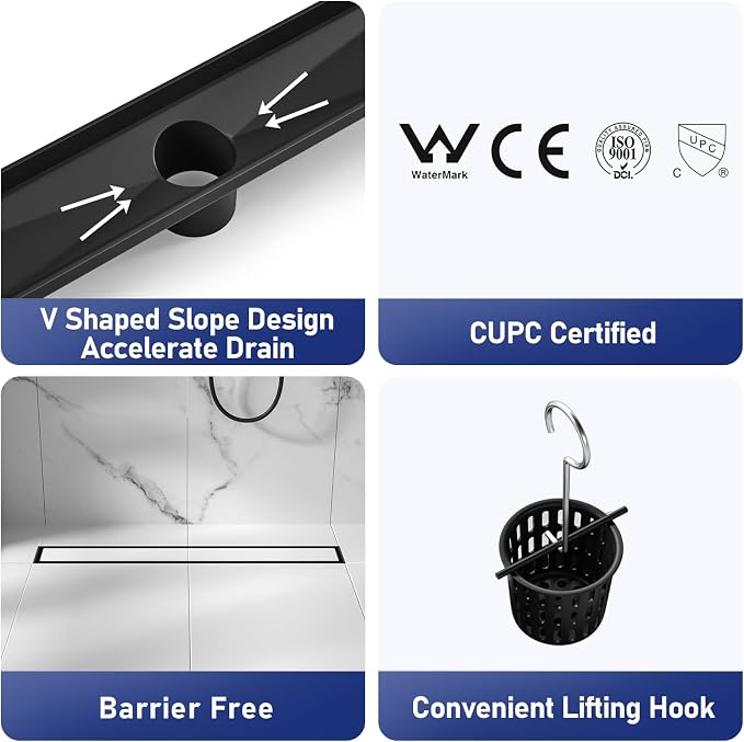 Linear Shower Drain 18", Matte Black Floor Drain - Image 4