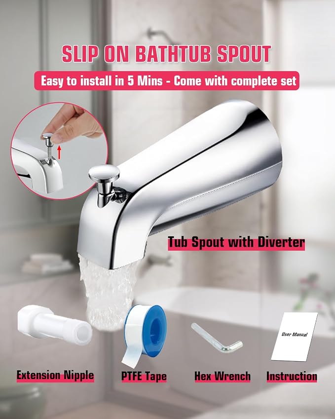 Tub Spout with Diverter, Slip On Bathtub Spout Fits 1/2'' Copper Tube, Bathroom - Image 6