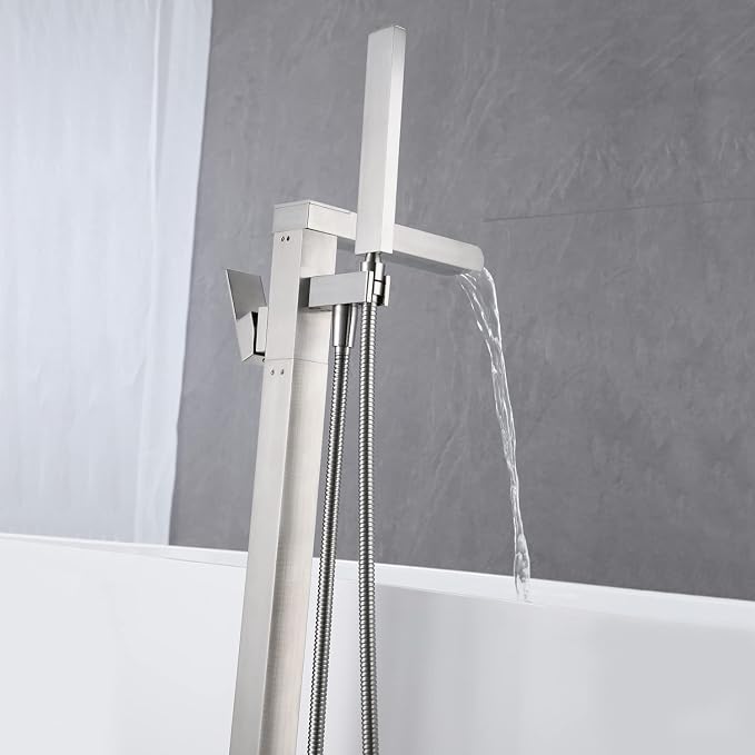 Freestanding Bathtub Faucet Waterfall Tub Filler Brushed Nickel Floor Mount - Image 4
