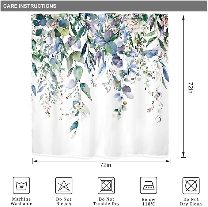 Riyidecor Teal Shower Curtain for Bathroom Decor 72Wx72H Eucalyptus Leaves - Image 6
