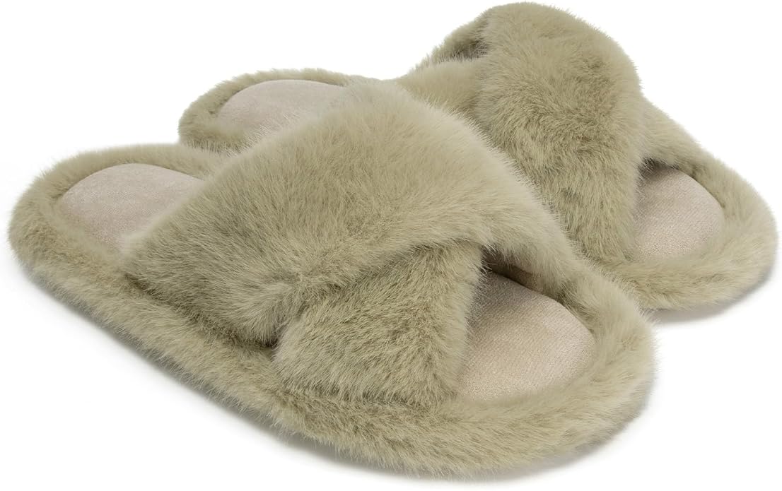 Chantomoo Womens Slippers Memory Foam Fuzzy Cross Band Faux Fur Slippers by Chantomoo