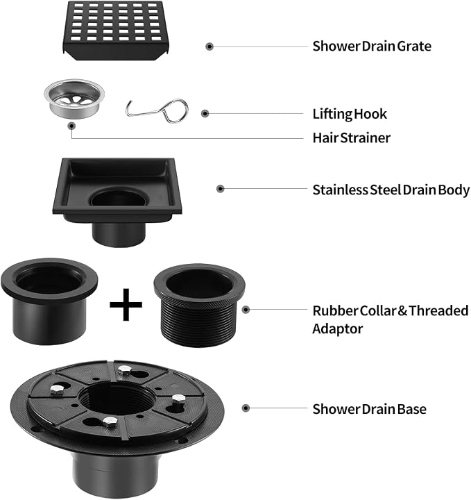 Shower Drain, Matte Black 4 inch Square Shower Floor Drain - Image 3