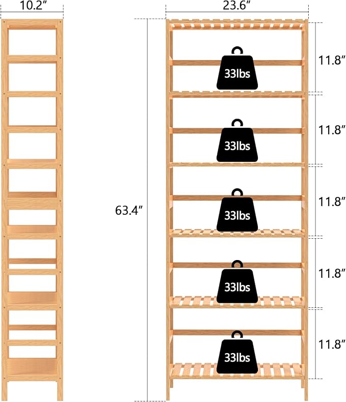 VASMIA 6-Tier Bamboo Shelf, Bamboo Storage Shelving Unit, Tall Bookcase - Image 3