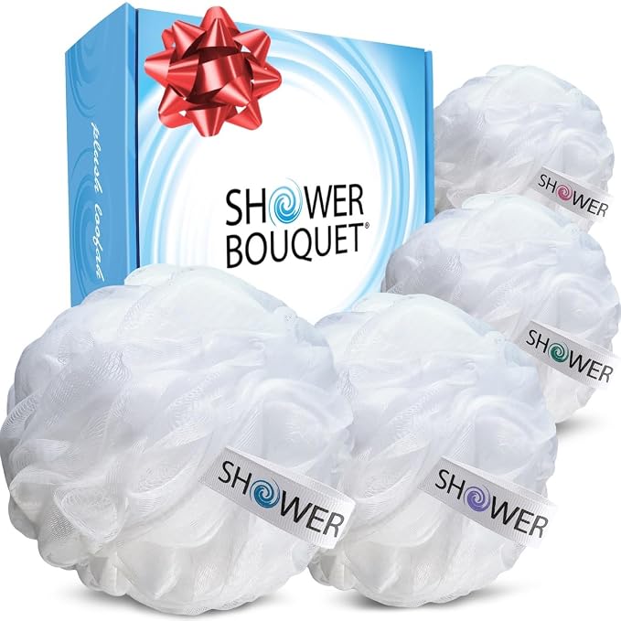 SHOWER BOUQUET Loofah Soft-White-Cloud XL Bath-Sponge 4-Pack // Extra Large 75g by ShowerBouquet%C2%AE