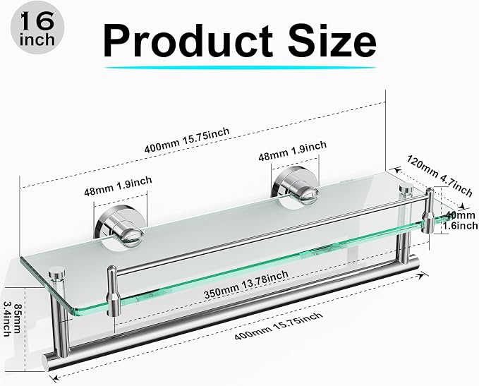 16-Inch Floating Tempered Glass Bathroom Shelf - Image 3