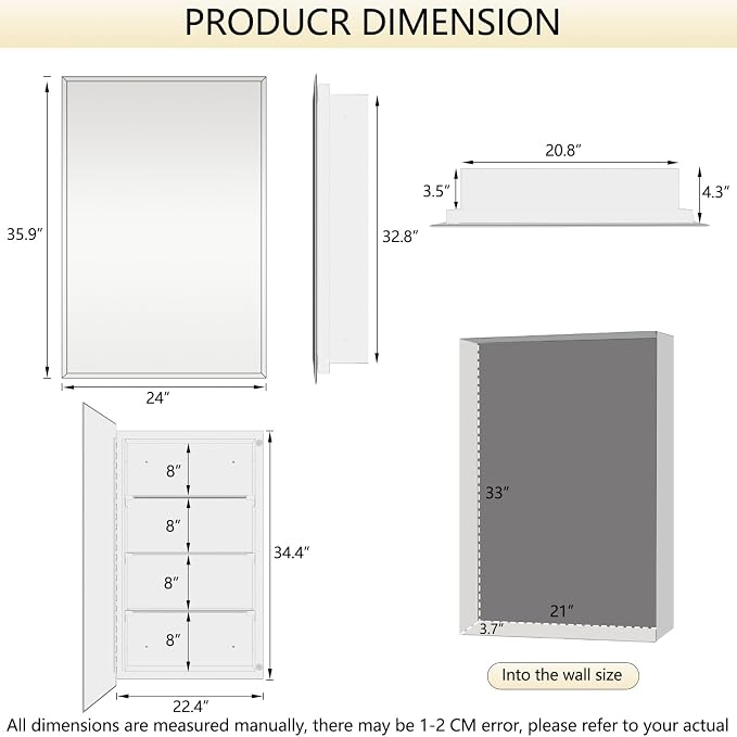 Bathroom Medicine Cabinet with 24x36 in Rectangular Beveled Frameless Mirror - Image 2