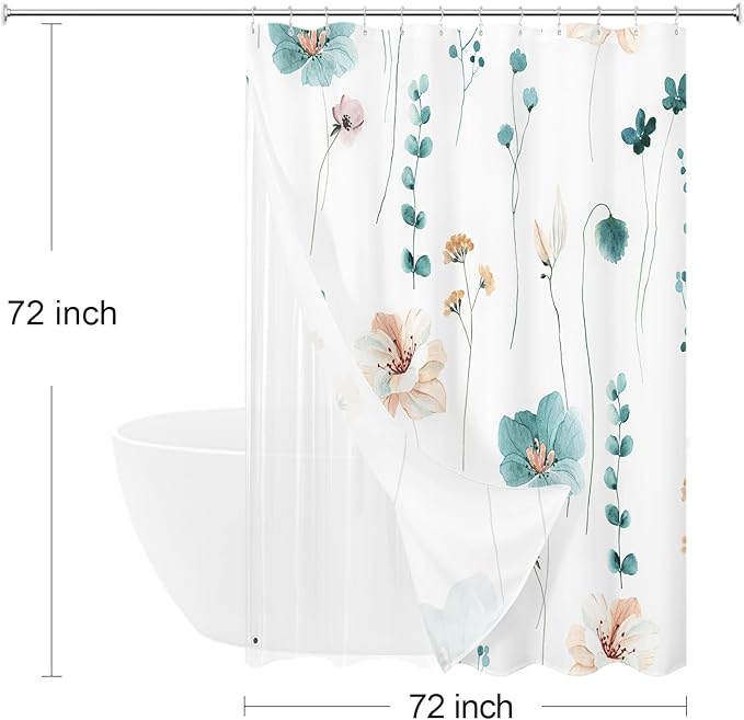 Gibelle 3 in 1 Shower Curtain Set, Teal Watercolor Floral Bath Curtain and PEVA - Image 6