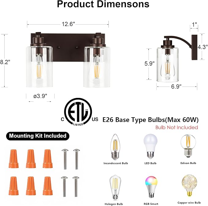 2-Light Bathroom Light Fixtures Modern ORB Vanity Lights - Image 2