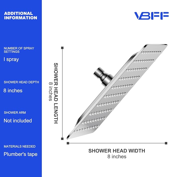 VBFF-Shower Head, rain shower head, 8 inch- Square Shower Head, 1.8 GPM Flow - Image 6