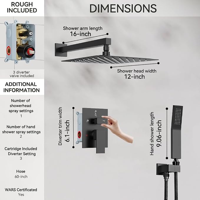Shower Faucet Set Matte Black Shower System, Starbath 12" Rain Shower Head and - Image 6