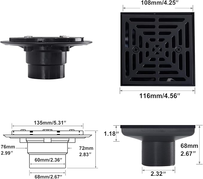 4-1/4 Inch Black Shower Drain Square, Base - Image 4