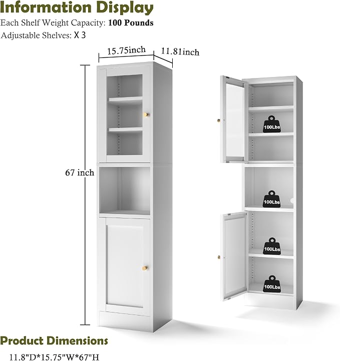 COFaR 67" Tall Metal Bathroom Storage Cabinet, 6-Tier Narrow Cabinet - Image 2