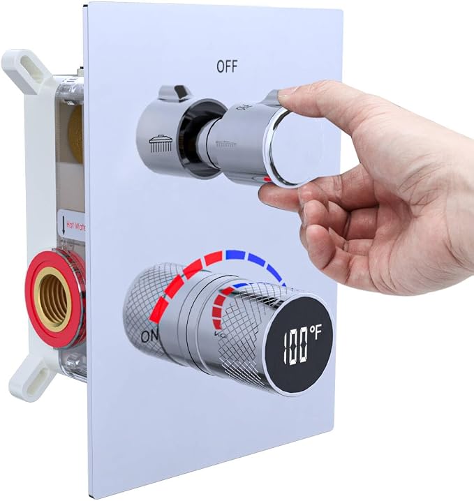 Temperature Display 2 Way Shower Valve Brass Rough-in and Rectangle Trim Kit by FULAIWANG