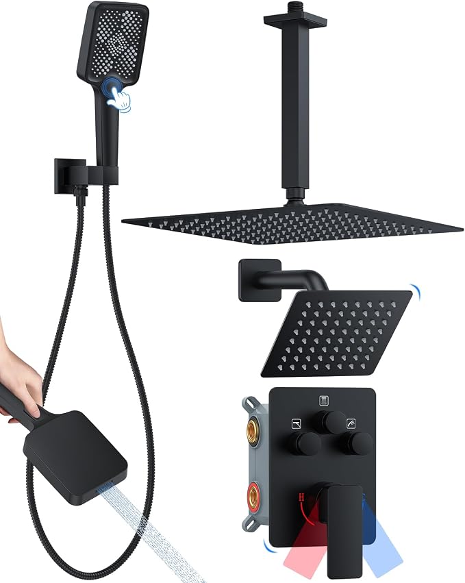 Shower System with Pressure Balance Valve, Matte Black by Woindo