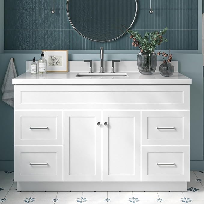 ARIEL 55" White Bathroom Vanity 1.5" Edge Pure White Quartz Countertop & Splash by Ariel