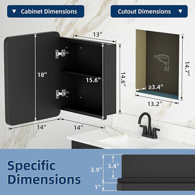Medicine Cabinet with Mirror, 14x18 Inch Black Bathroom Mirrored Cabinet - Image 3