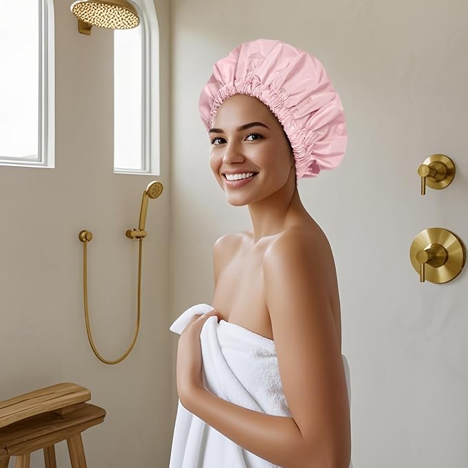 Reusable Shower Cap for Women, Large Waterproof Shower Essentials Bonnet - Image 4